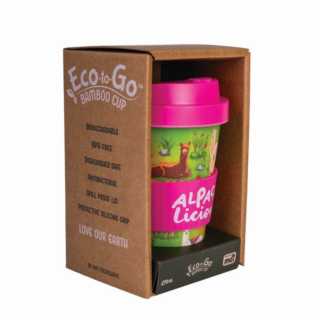 Eco-friendly bamboo travel cup with alpacas design, hot pink lid, and silicone band, perfect for on-the-go drinks.