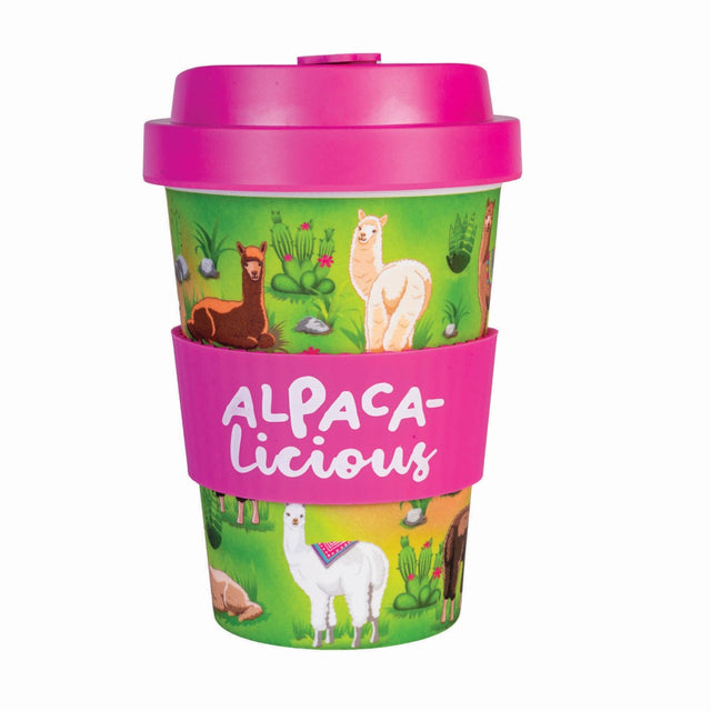 Eco-friendly bamboo travel cup with alpacas design, hot pink anti-spill lid, silicone band, and 470ml capacity.