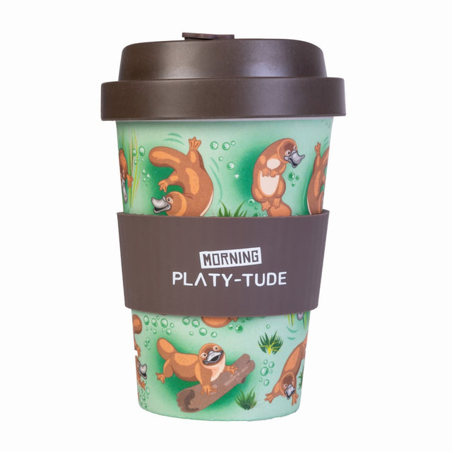 Eco-friendly bamboo travel cup with playful platypus design, dishwasher safe, and brown anti-spill lid for hydration on-the-go.