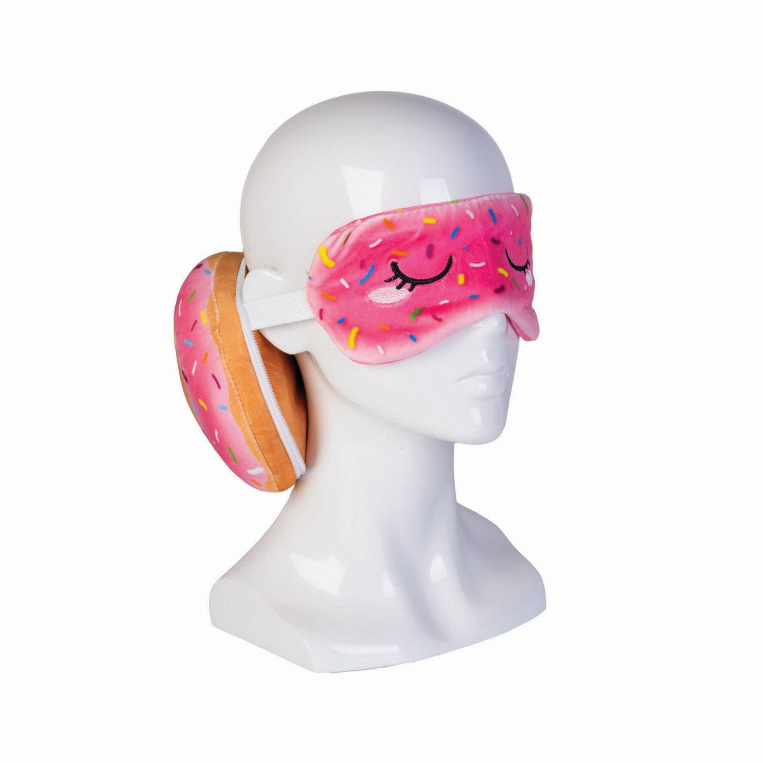 Plush pink donut travel mask and pillow, measuring 17cm, for cozy comfort on the go with cute design and soft velour fabric.