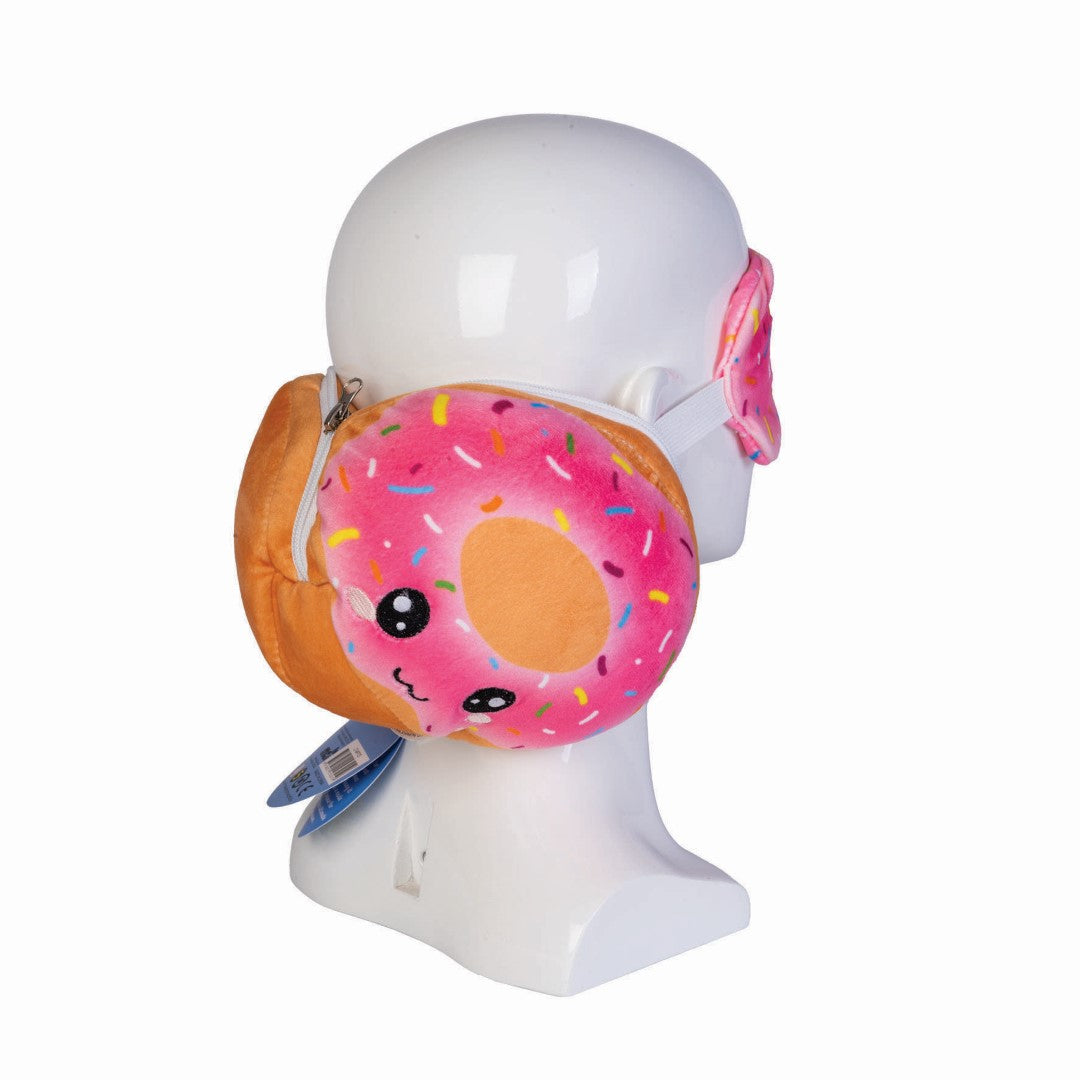 Cute plush pink donut travel mask and pillow, soft velour, transforms for comfort on the go. Perfect for travel relaxation.