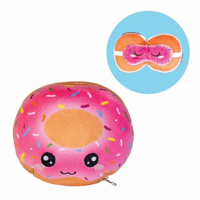 Plush pink donut travel mask and pillow, measuring 17cm, offers comfort and style for travelers on the go.