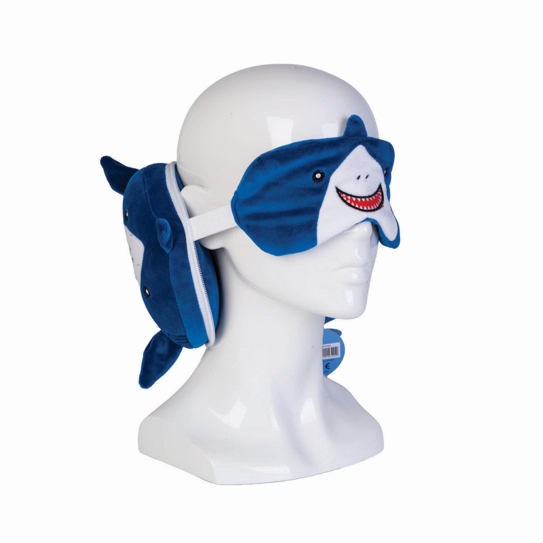 Cute plush shark travel mask and pillow, transforms into a neck pillow and eye mask for comfort on the go.