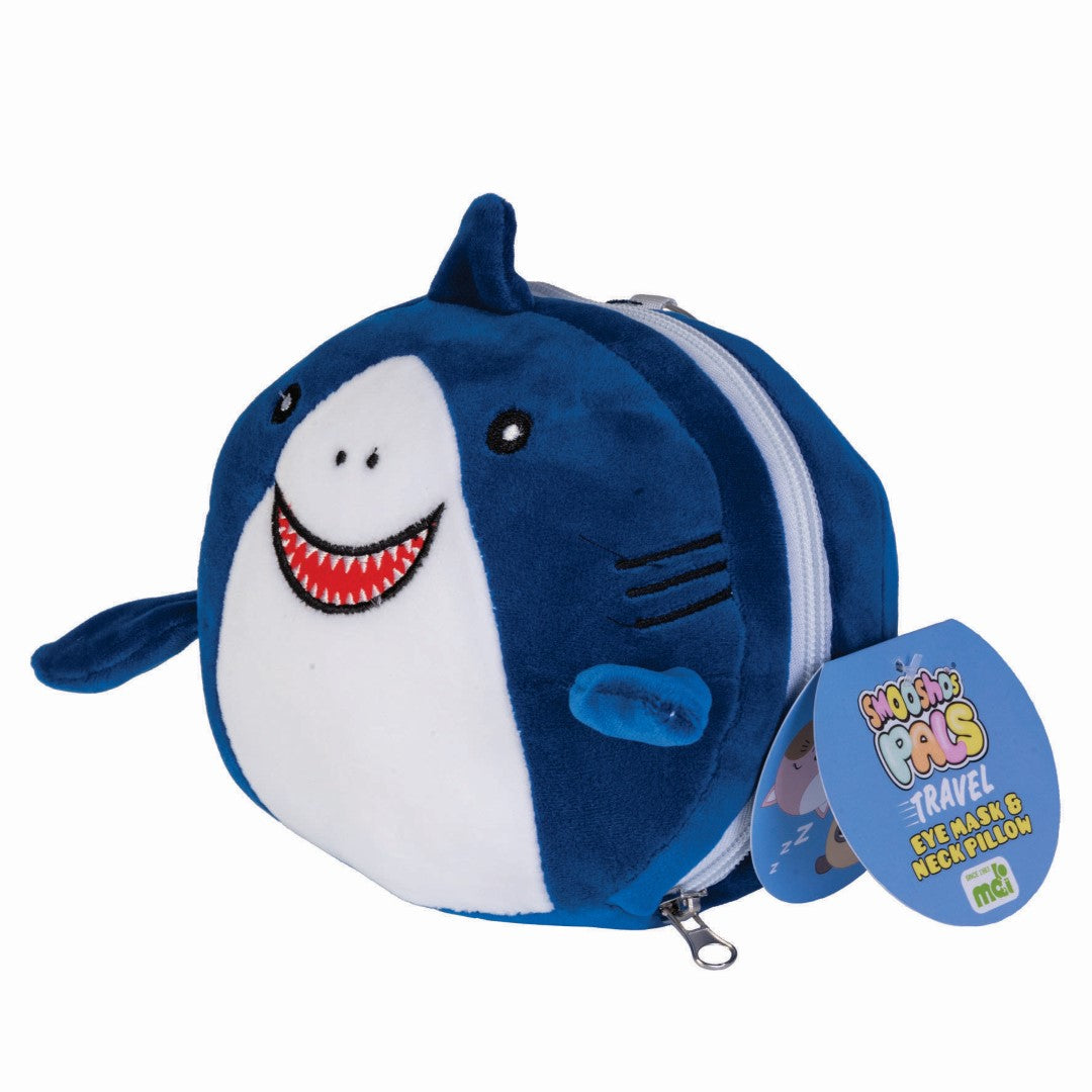 Adorable plush shark travel mask and neck pillow for stylish, comfortable adventures, crafted from soft velour fabric.