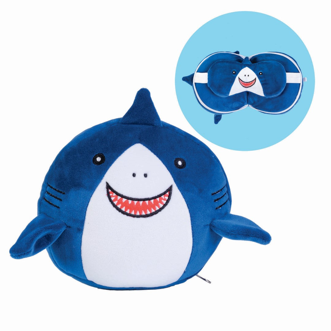 Adorable plush shark travel mask and pillow, transforming for comfort on all your journeys, perfect for kids and adults.