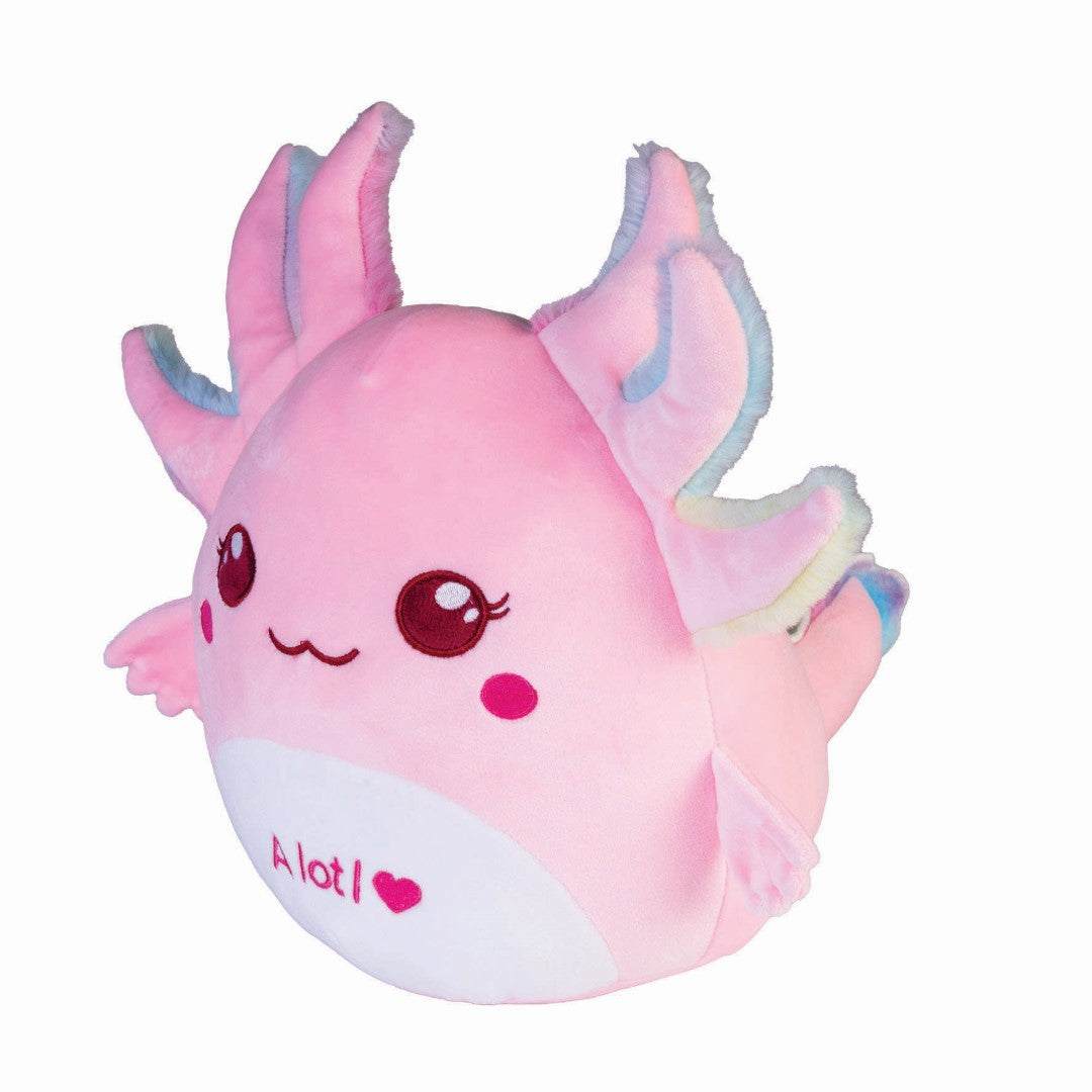 Cute 22cm axolotl plushie in soft velour, perfect for snuggling and as a cozy cushion for kids and adults.