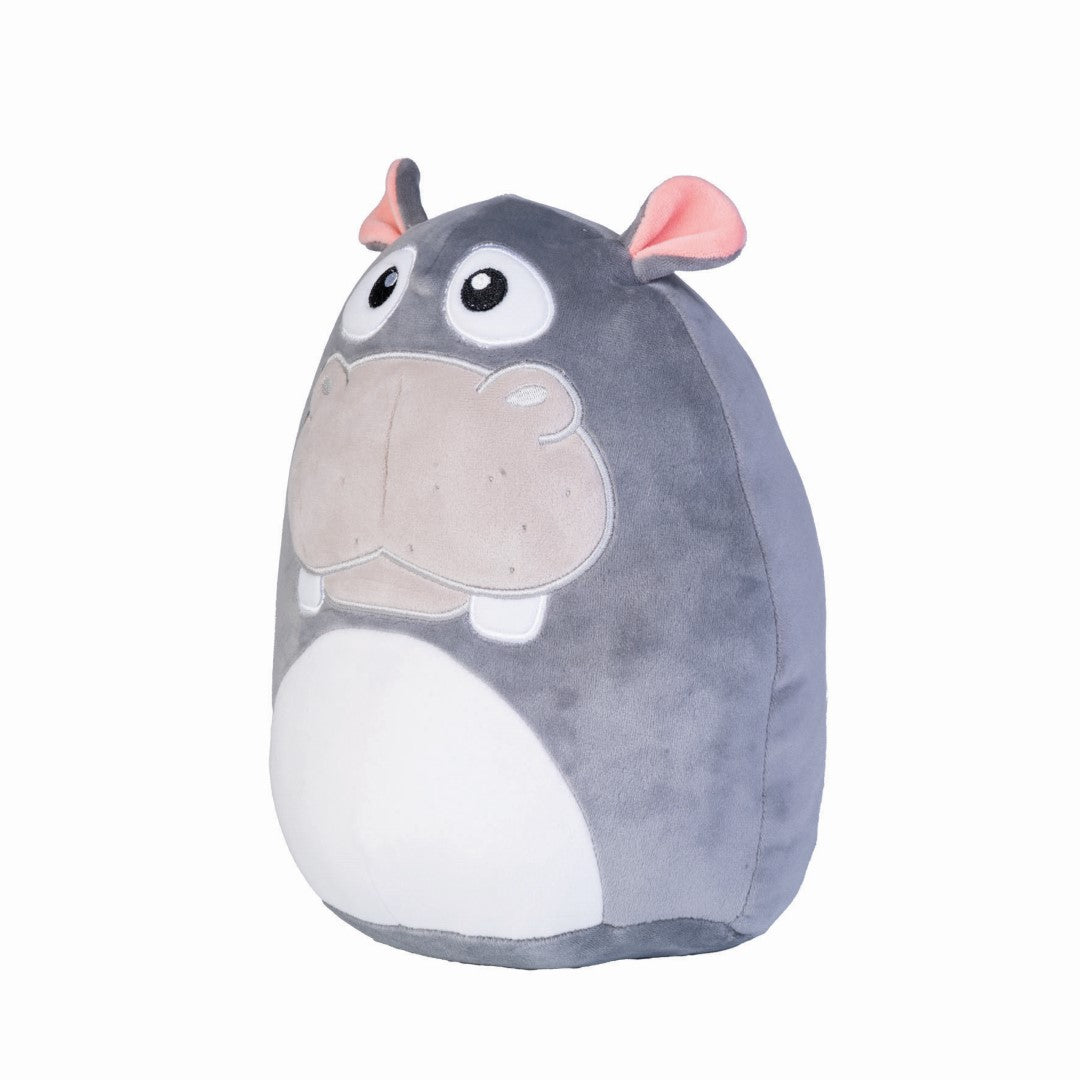 Cuddly plush hippo cushion in soft velour, measuring 22cm, perfect for squishy hugs and comfy décor.