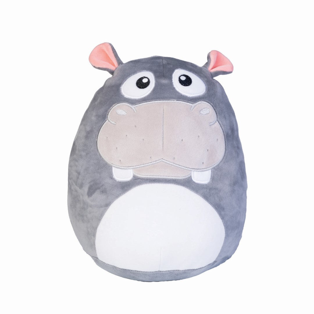 Plush hippo cushion made of soft velour, measuring 22cm, perfect for cuddling and squishy comfort.