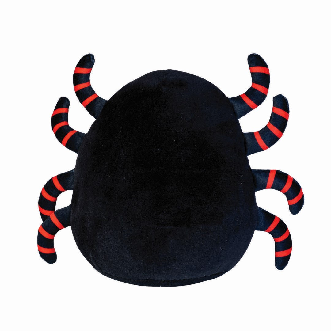 Cuddly 22cm plush spider cushion made from soft velour, perfect for snuggling and brightening any cozy space.