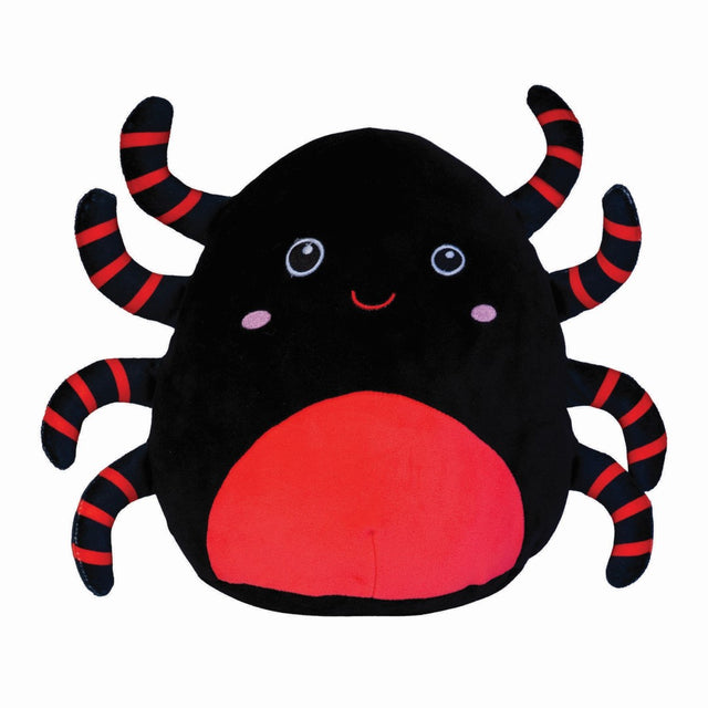 Plush 22cm spider cushion in ultra-soft velour, perfect for snuggling and decorating, ideal for all ages.