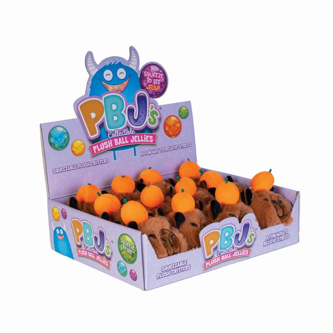 Set of 12 soft capybara plush balls, each with an orange on its head, perfect for stress relief and playful decor.