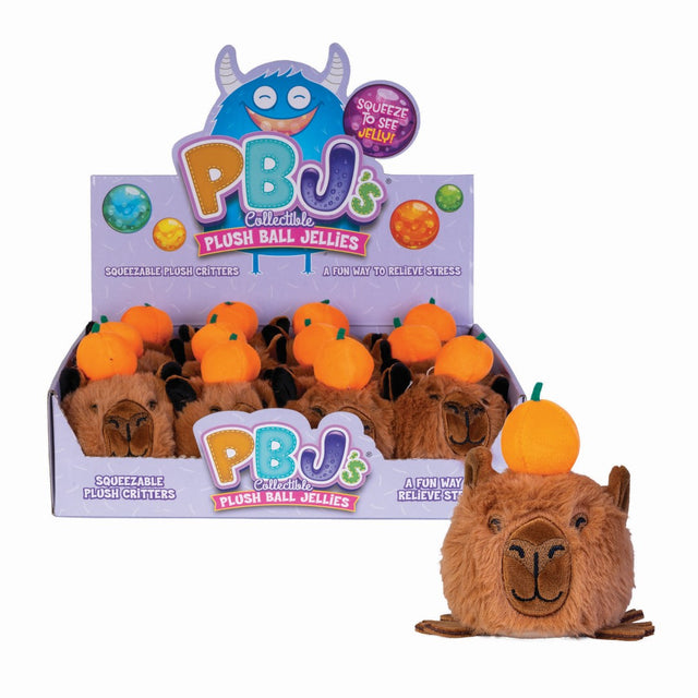 Set of 12 soft, squishy plush balls featuring adorable capybara designs with bright orange decorations on top.