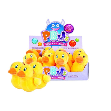 Soft plush duck-shaped balls filled with colorful jellies for stress relief, available in male and female designs, set of 12.