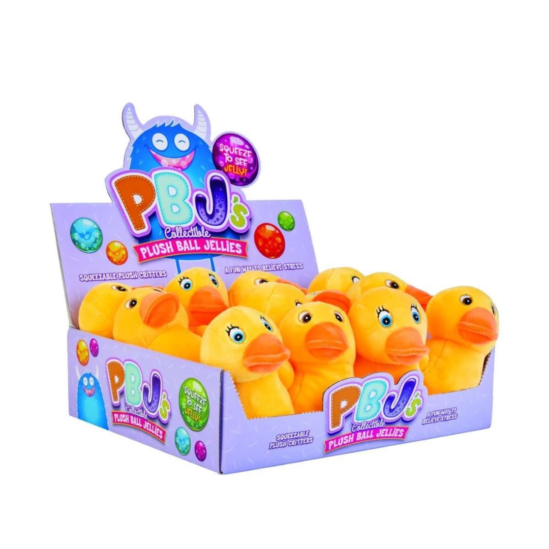 Soft yellow duck plush balls filled with colorful jellies that pop out when squeezed, perfect for stress relief and fun.