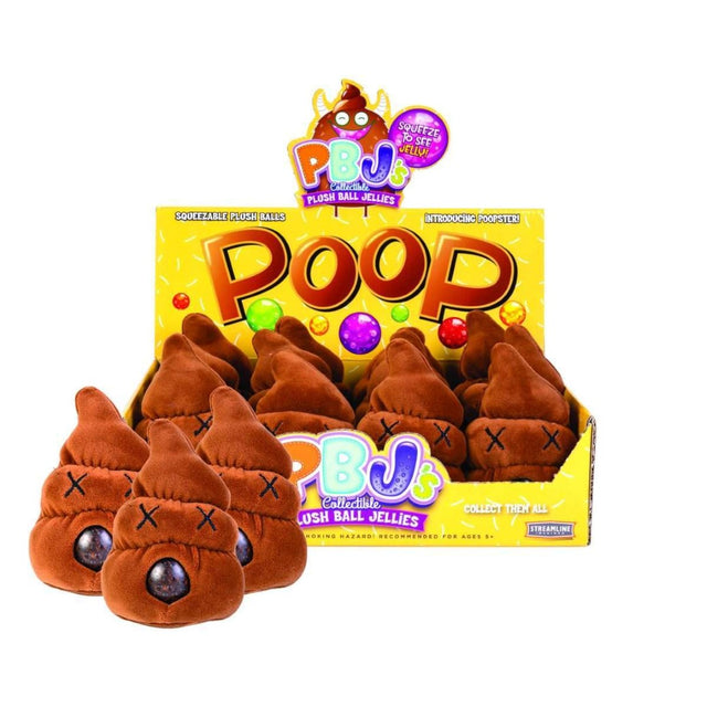 Set of 12 plush stress balls featuring humorous poo designs that pop colorful jellies with a gentle squeeze.