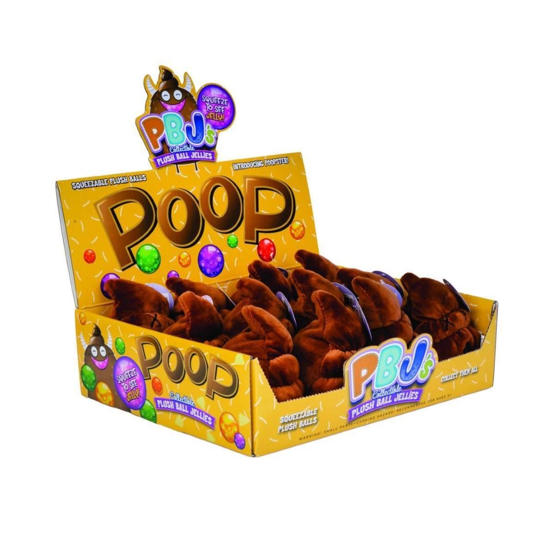 Colorful plush stress balls with funny poo designs, filled with jellies that pop out when squeezed, set of 12.