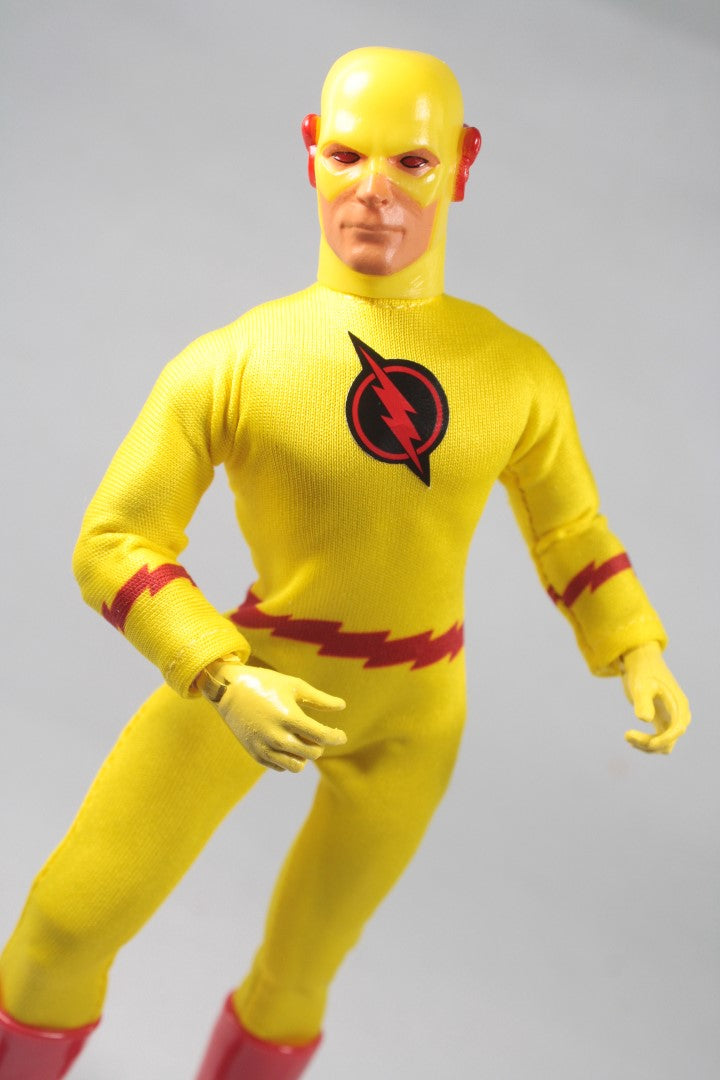 Collectible MEGO Reverse Flash figurine featuring retro styling and 26 points of articulation, ideal for collectors and fans.