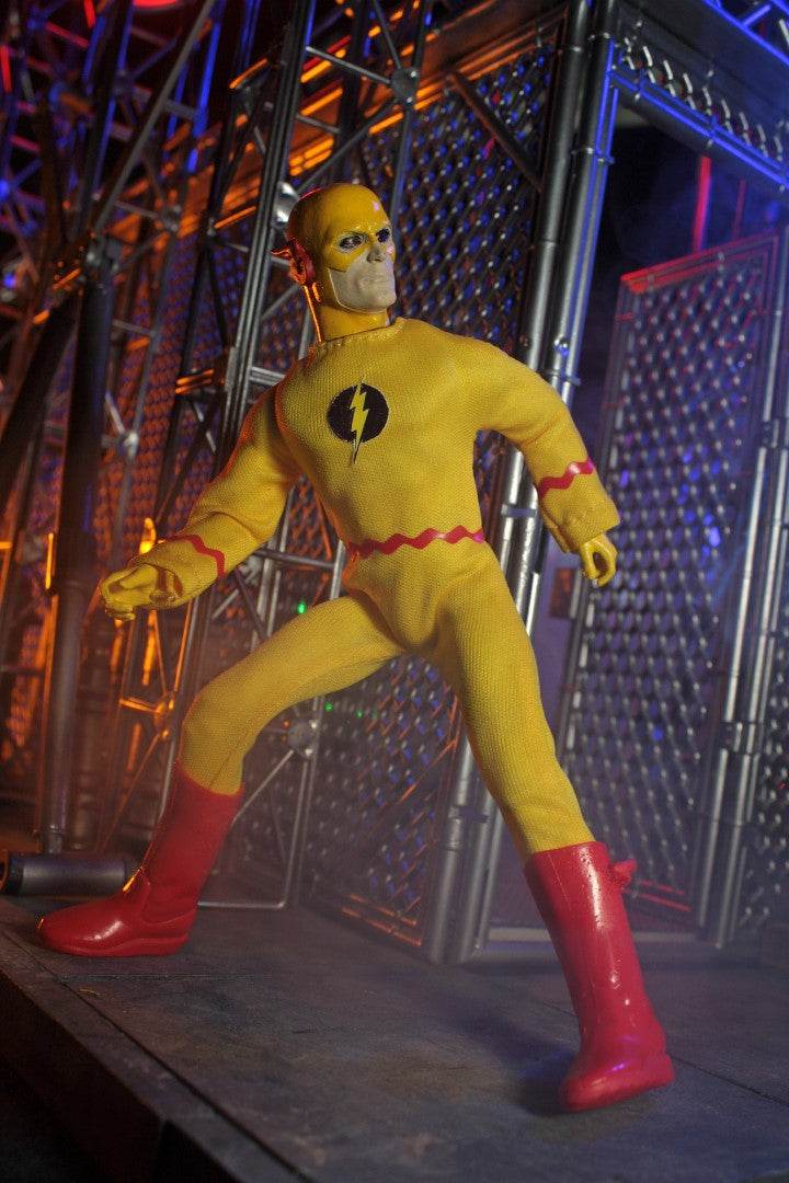 Collectible Mego Reverse Flash figurine celebrating 50 years, features 26 points of articulation, retro styling, and classic accessories.