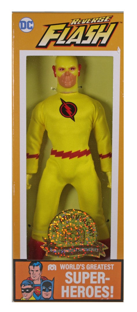 Collectible MEGO Reverse Flash figurine, 8 inches tall with retro styling and 26 points of articulation, perfect for collectors.