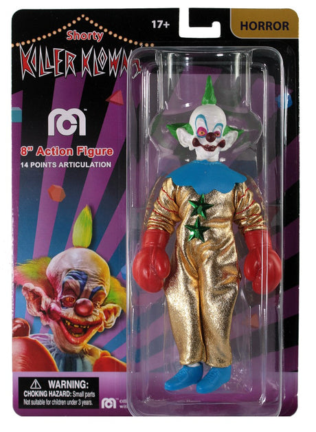 Detailed MEGO Killer Klowns Shorty 8-inch action figure in boxing gloves, featuring 14 points of articulation for dynamic poses.