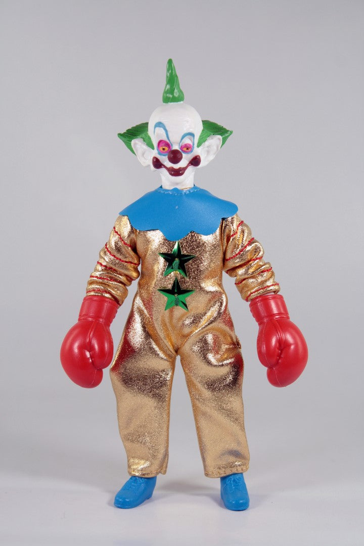 MEGO Killer Klowns Shorty collectible figurine in boxing gloves, 8-inch with 14 articulation points, perfect for fans.