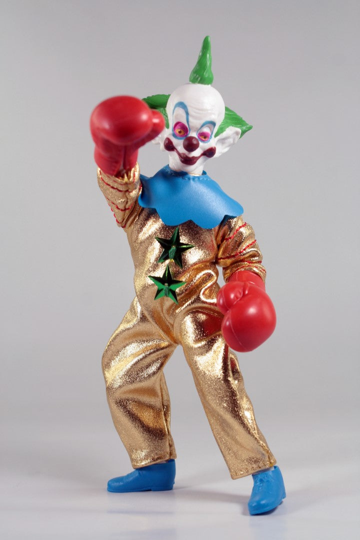 Collectible MEGO Killer Klowns Shorty figurine, 8 inches tall, featuring boxing gloves and 14 points of articulation in retro box.