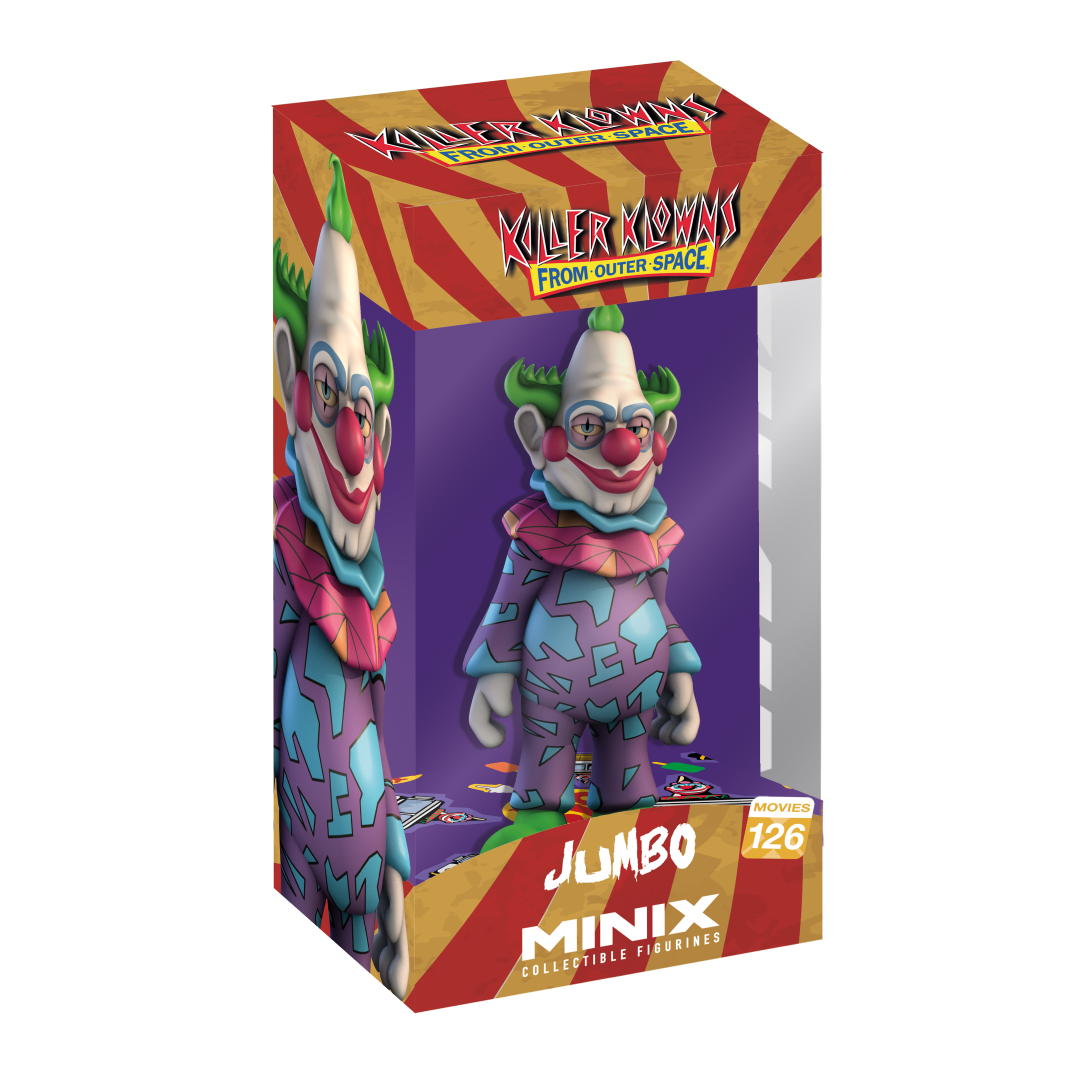 "Colorful MINIX Jumbo Killer Klowns figurine, showcasing detailed features from the cult classic horror film."