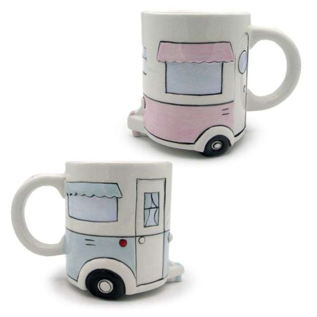 Set of 2 ceramic mugs shaped like caravans, featuring "Home Is Where You Park It" for adventure lovers.