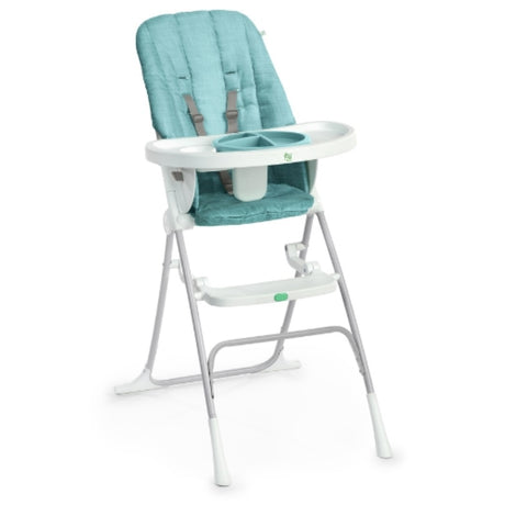 Teal compact folding high chair with adjustable tray, self-feeding plate, and machine washable seat for easy storage.