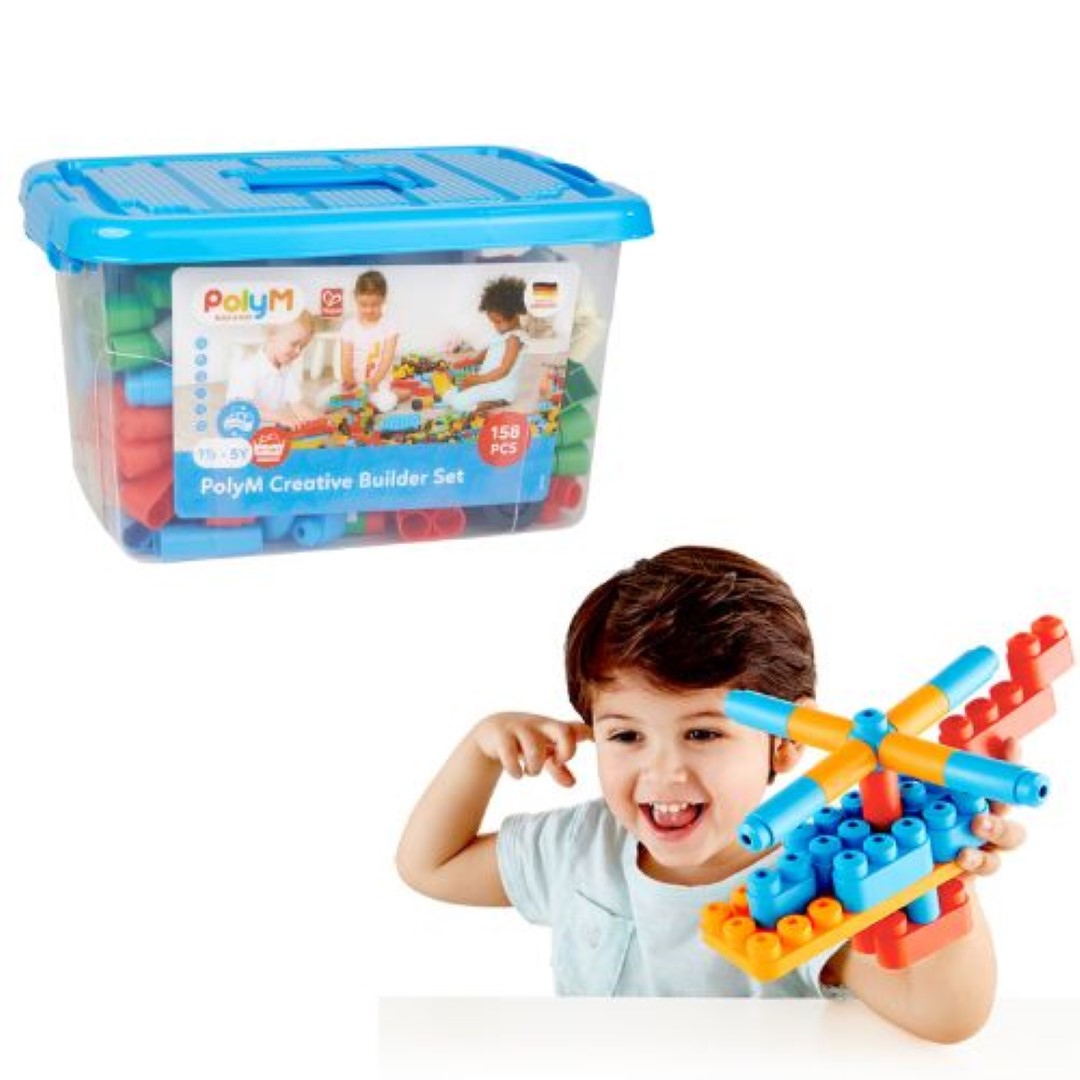 Creative Builder Set with 158 colorful blocks in a carry case for easy transport, promoting learning and creativity for ages 18m-5y.