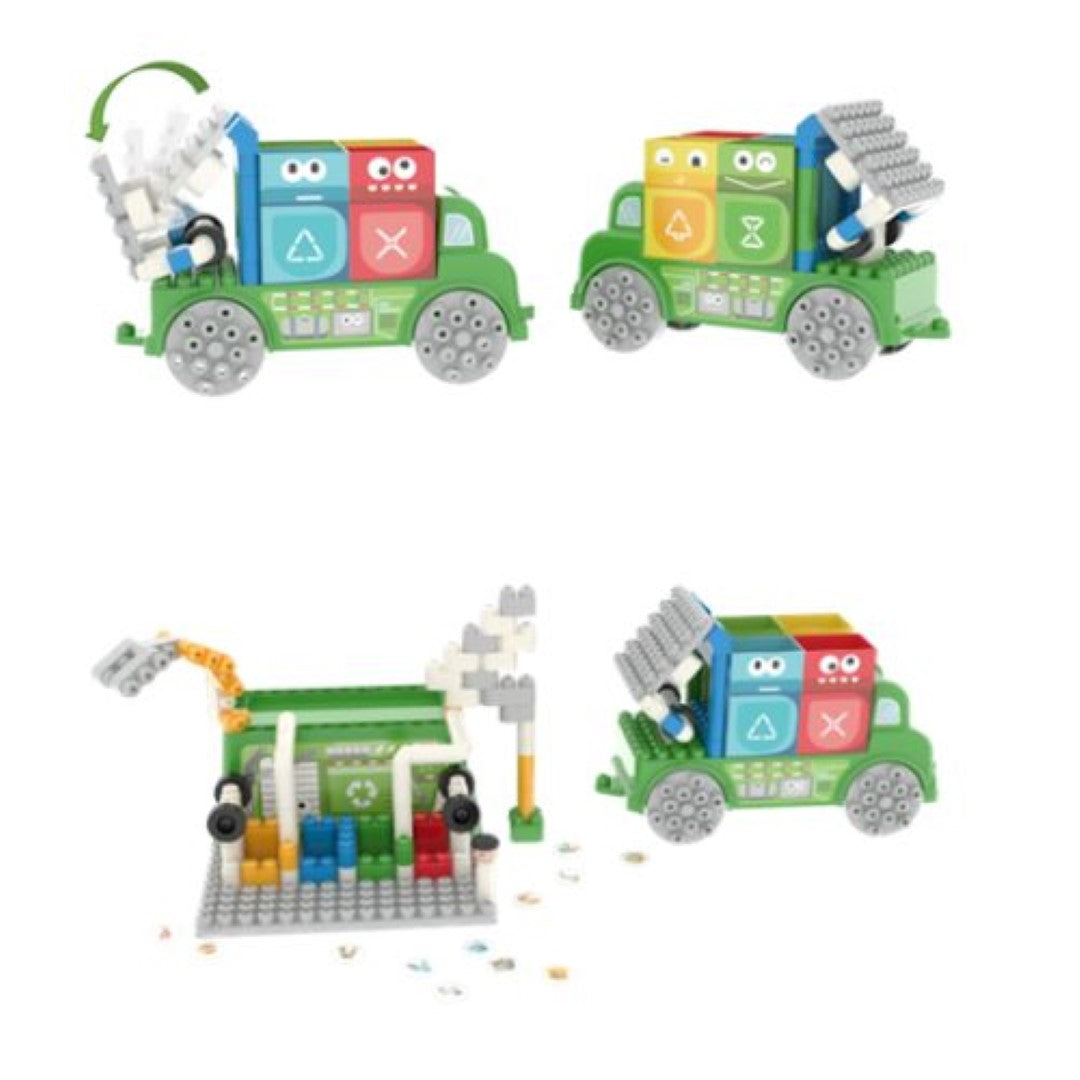 Colorful 101-piece garbage sorting truck playset for kids, enhancing creativity, eco-learning, and motor skills through play.