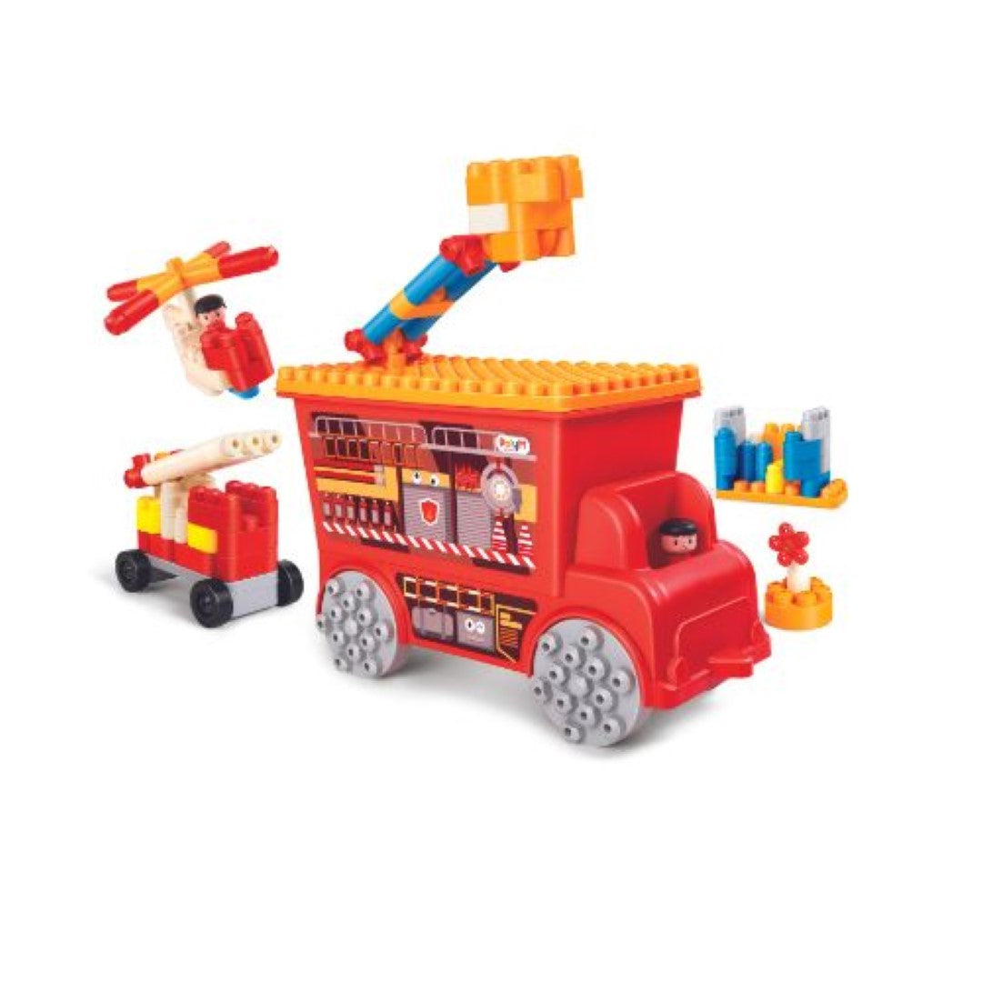 Colorful Poly M Fire Rescue Truck building set with 107 soft blocks for imaginative play and learning about fire safety.