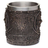 Decorative pirate tankard with brushed gold wood effect, 14cm tall, perfect for collectors and home decor enthusiasts.