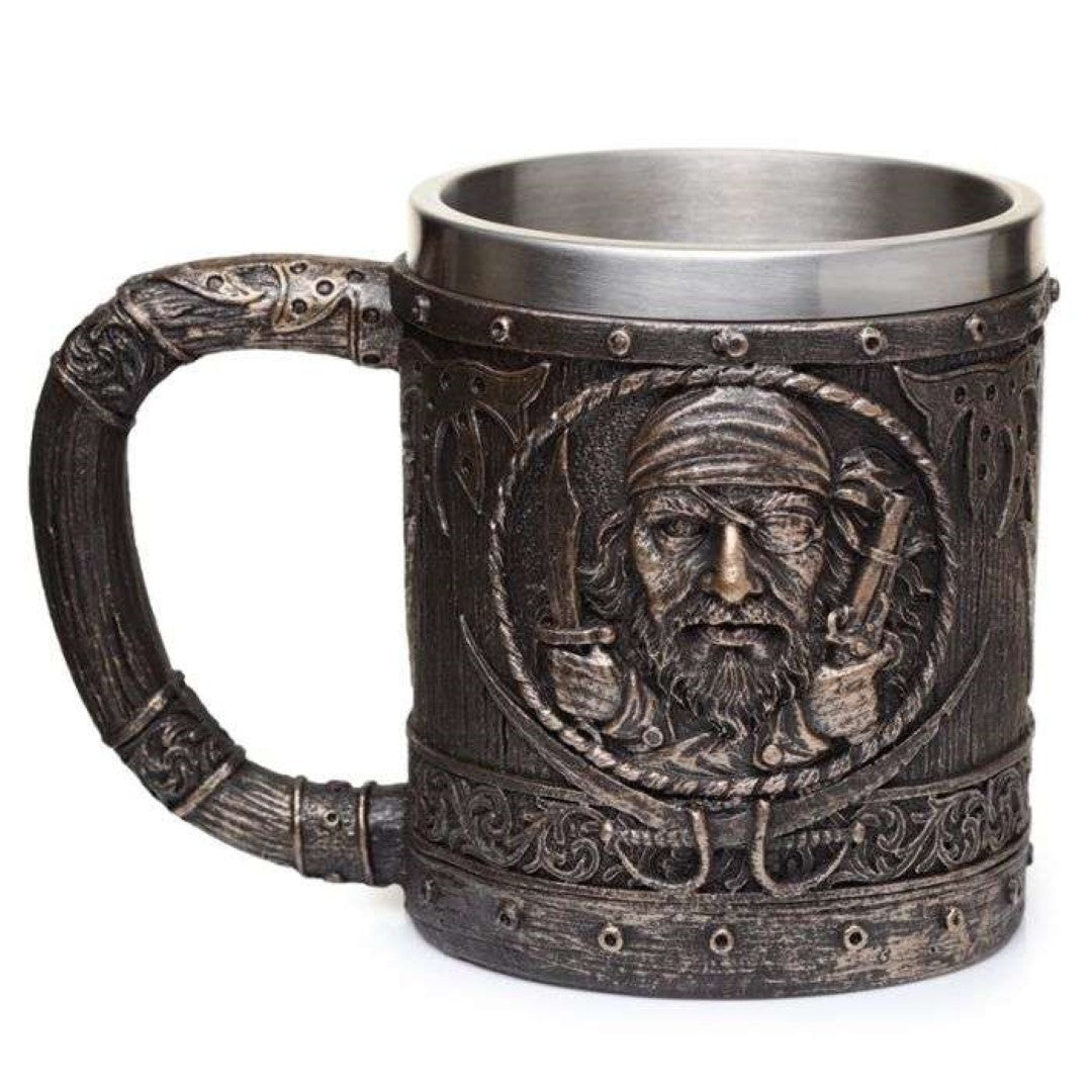 Brushed gold pirate tankard with wood effect, 14cm tall, perfect for decor and collectors, crafted from resin and stainless steel.