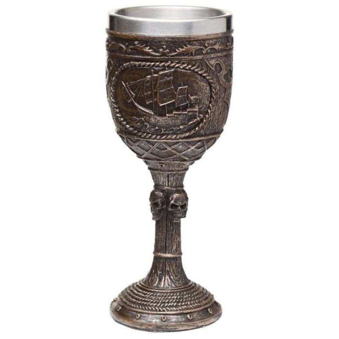 Set of 2 decorative pirate goblets in brushed gold wood effect, ideal for themed decor and display purposes.