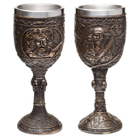 Set of 2 decorative pirate goblets with brushed gold wood effect, perfect for themed decor and conversation starters.