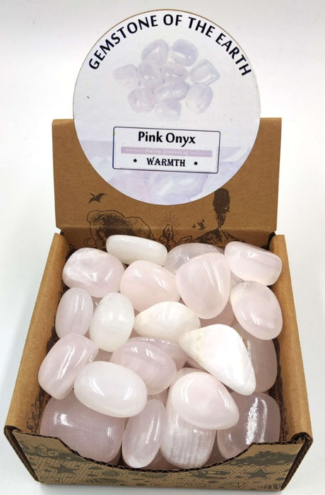 Box of 50 pink calcite tumbled stones, each 20-30mm, perfect for decor or crystal healing.