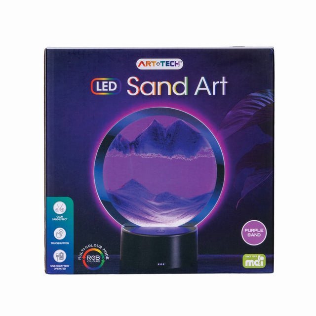 LED Sand Art in purple with color-changing lights, creating mesmerizing patterns for a calming ambiance. 19cm tall.