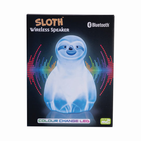 Adorable sloth wireless speaker with color-changing LEDs, Bluetooth connectivity, and rechargeable battery.