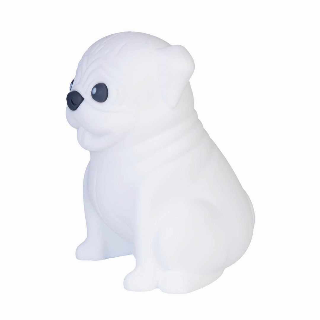 Cute pug-shaped LED touch lamp with six brightness levels, made of soft silicone, perfect for kids' nighttime comfort.