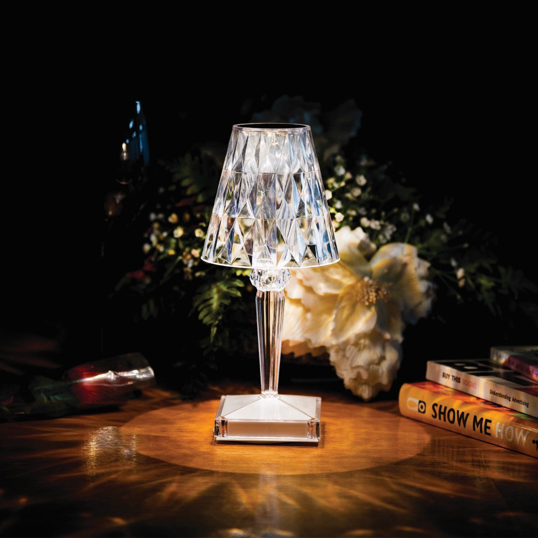 LED touch lamp with a sparkling crystal design, offering three light modes for versatile ambiance in any room.