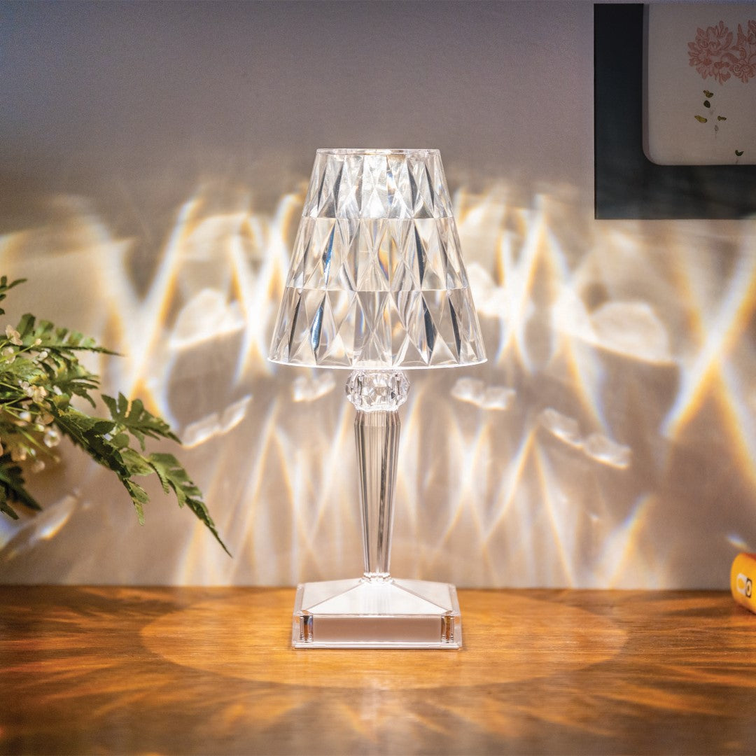 Elegant touch lamp with sparkling crystal design, featuring three adjustable light modes and rechargeable functionality.