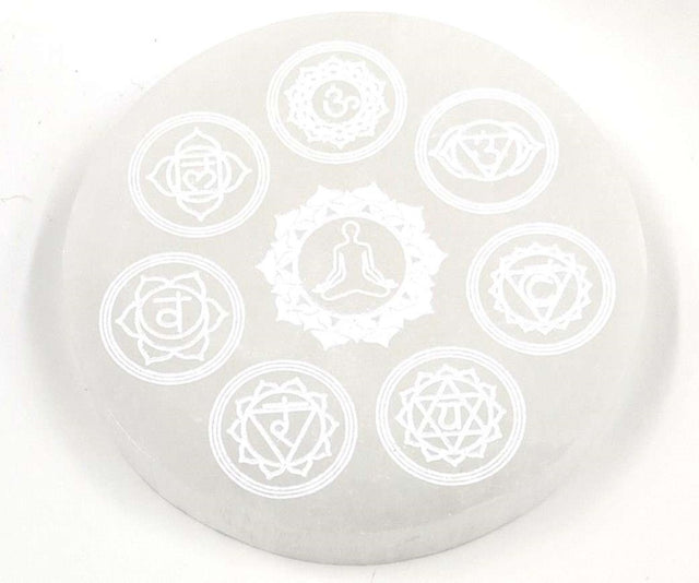 Set of 2 Selenite Discs, 10cm, featuring laser-engraved Chakra Symbols for meditation and chakra balancing.