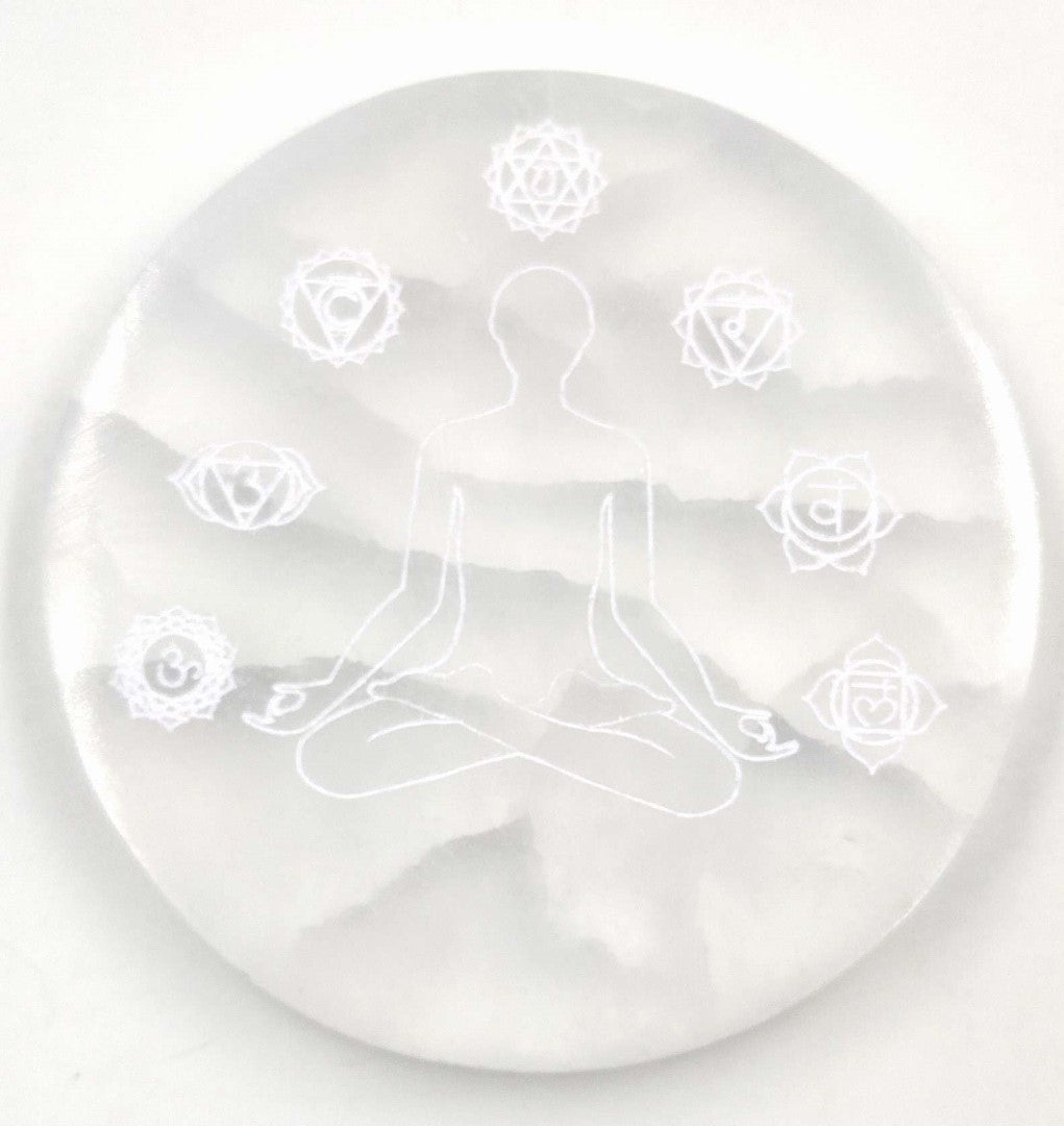 Set of 2 elegant 10cm Selenite discs with laser-engraved meditation and chakra symbols for enhanced meditation practice.