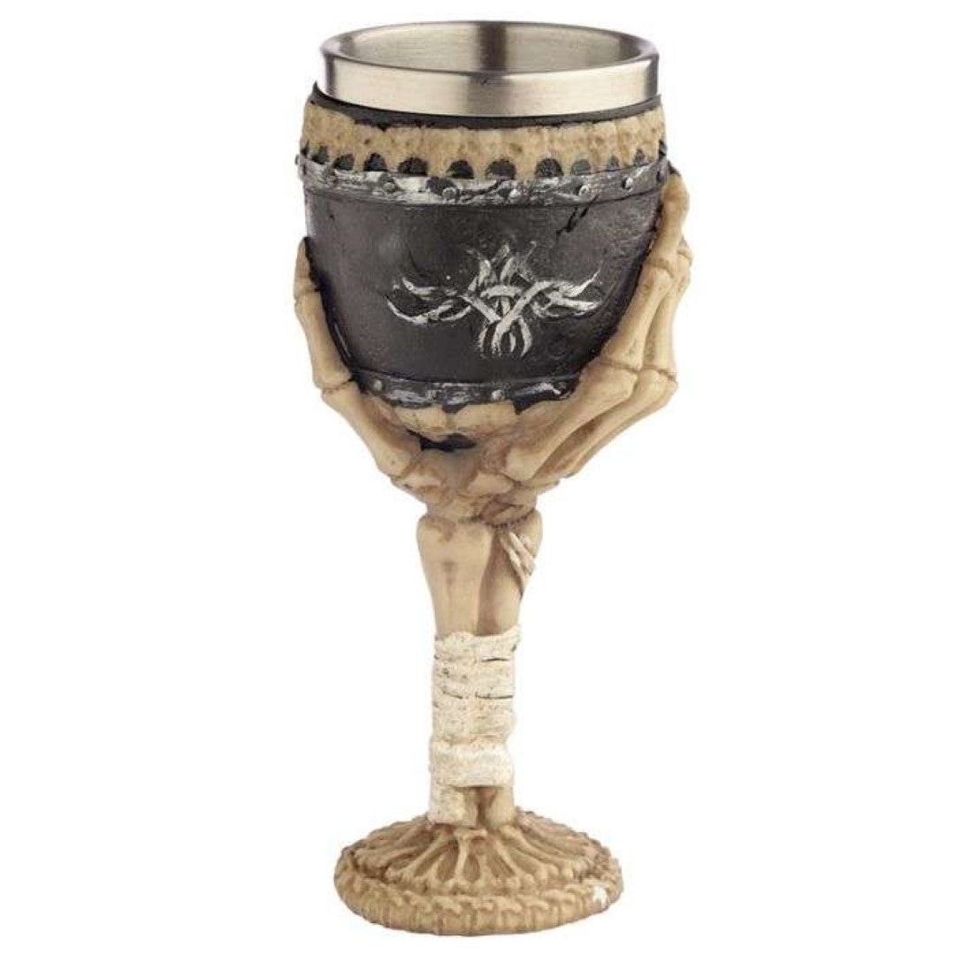 Decorative 19cm goblet featuring a skeleton arm design, crafted from resin and stainless steel for gothic home decor.