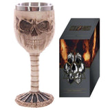 Decorative skull goblet with spine details, 18cm tall, made of resin and stainless steel, perfect for gothic home decor.