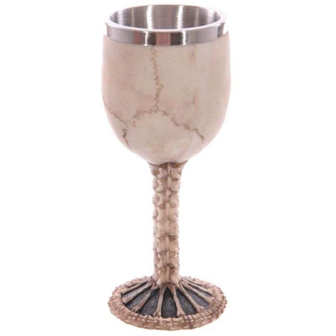 Decorative skull goblet with spine design, 18cm tall, crafted from resin and stainless steel for gothic home decor.