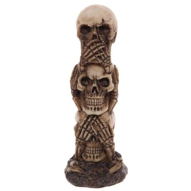 Ornate 19cm skull totem featuring "Hear No Speak No See No Evil" design, perfect for gothic decor enthusiasts.