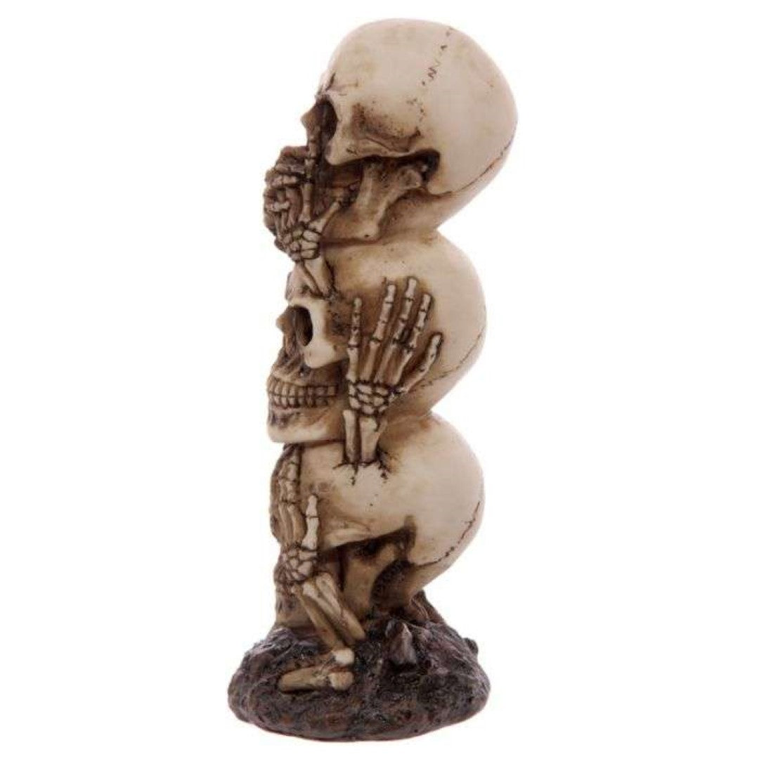 Ornate 19cm skull totem embodying Hear No Speak No See No Evil philosophy, perfect for gothic decor and conversation starter.