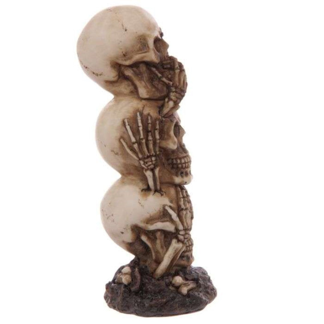 Hear No Speak No See No Evil Skull Totem, 19cm tall, intricately designed gothic ornament perfect for unique home decor.